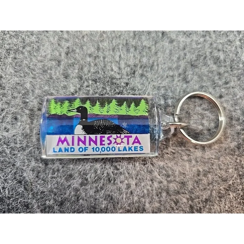 Keychain Minnesota Land of 10000 Lakes Duck Outdoor Scene Souvenir Vtg